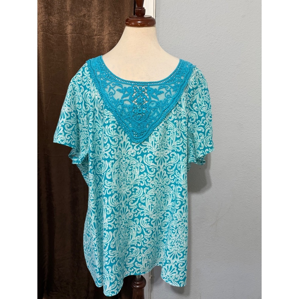 Cotton Blend Womens 3X Top Turquoise Damask Crochet Lace Bib‎ Short Sleeve Boho